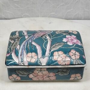 Vintage Ceramic Vanity Trinket Box Teal Bird Flower Keepsake Jewelry Rectangle
